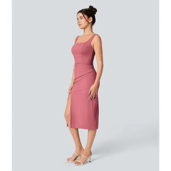 NWT HALARA Softlyzero Airy Square Neck Corset Ruched Bodycon Midi Dress Size M - Picture 3 of 8